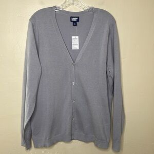 LANDS’ END Cardigan Sweater Gray Button Front Classic Timeless NWT Large 14-16